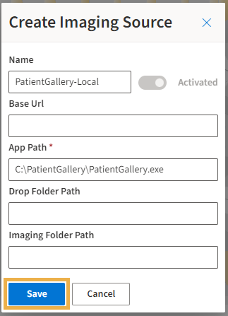 Create Imaging Source window with yellow highlight box around the Save button.